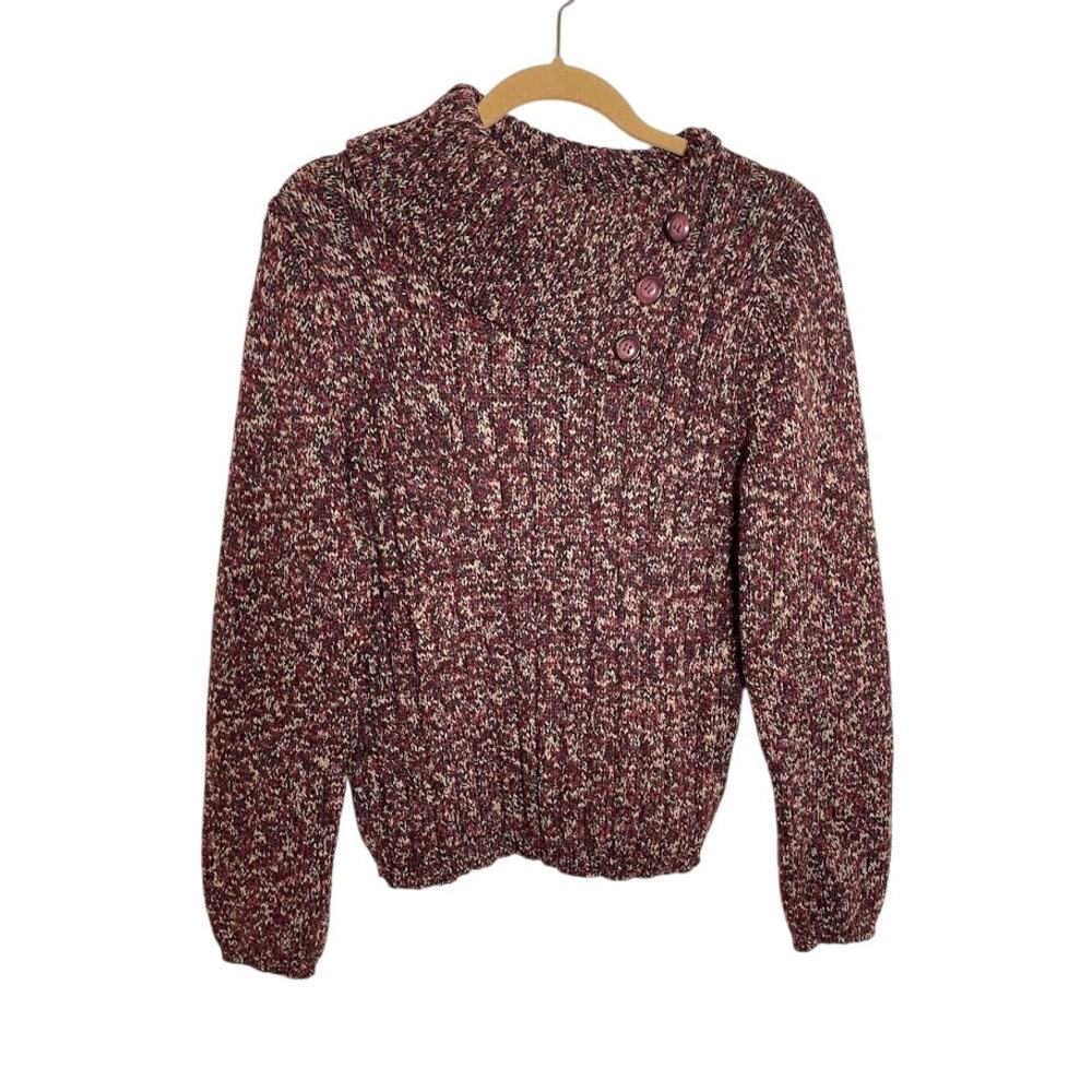 Dressbarn Button Neck Collar Sweater Textured Knit Pullover Burgundy Top Size L